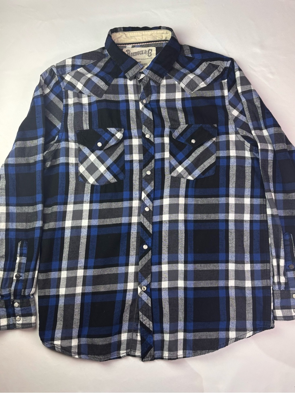 Roebuck & Co Blue Plaid Western Snap Flannel Shirt Large